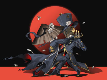 2boys absurdres black_coat black_gloves black_pants black_shoes coat dancing flower gloves gold_trim hat hat_flower highres jingasa limbus_company mechanical_arms mechanical_head multiple_boys pants petals project_moon shirt shoes shoggoth_(sirens20211) stage the_time_ripper_(project_moon) top_hat torn_clothes torn_hat translated white_flower white_petals white_shirt white_trim