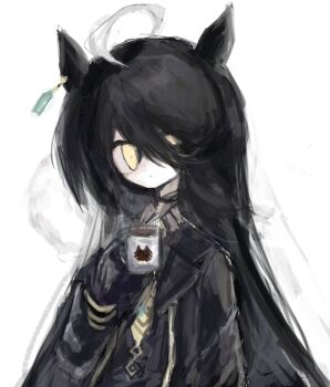 1girl animal_ears black_coat black_hair black_shirt closed_mouth coat commentary contrast_collar cup dot_mouth ear_ornament ear_tag earrings hair_between_eyes highres holding holding_cup horse_ears horse_girl jewelry long_hair long_hair_between_eyes manhattan_cafe_(umamusume) mug multicolored_hair necktie open_clothes open_coat shirt single_earring solo ukato-20010 umamusume very_long_hair white_hair yellow_eyes yellow_necktie