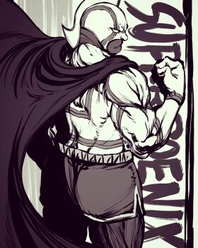 Rule 34 | 1boy, blank eyes, cape, clenched hand, commentary, cowboy shot, from behind, greyscale, hashtag-only commentary, highres, kinnikuman, kinnikuman super phoenix, kudou masashi, male focus, monochrome, muscular, muscular male, shorts, solo, thick lips