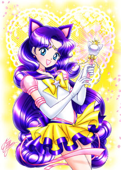 1girl :d animal_ears bishoujo_senshi_sailor_moon blue_eyes bow cat_ears choker cosplay cowboy_shot doily elbow_gloves female_focus gloves heart long_hair luna_(sailor_moon) luna_(sailor_moon)_(human) marco_albiero official_style open_mouth parted_bangs petals pretty_guardian_sailor_moon purple_hair sailor_luna sailor_senshi sailor_senshi_(cosplay) signature smile solo sparkle star_(symbol) unofficial_sailor_senshi_uniform very_long_hair wand white_gloves yellow_bow