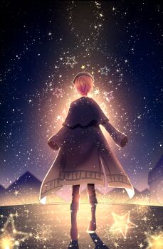 Rule 34 | 1boy, 7naako5, black capelet, black coat, black pants, boots, capelet, coat, coat on shoulders, commentary, facing away, from behind, full body, highres, long sleeves, mabayui hikari no stage de (project sekai), male focus, mountainous horizon, official alternate costume, pants, project sekai, sky, solo, star (sky), star (symbol), starry sky, tenma tsukasa, white boots