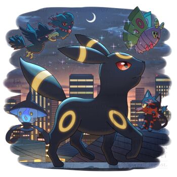 Rule 34 | animal focus, antennae, bird, black fur, blue fire, bright pupils, bug, cat, closed mouth, cloud, colored sclera, commentary request, crescent moon, dustox, fire, floating, flying, gen 2 pokemon, gen 3 pokemon, gen 5 pokemon, gen 7 pokemon, ghost, hat, insect, insect wings, lamp, lampent, litten, misdreavus, moon, moth, murkrow, night, nintendo, no humans, on roof, one eye closed, open mouth, pokemon, pokemon (creature), pokemon focus, purple fire, red eyes, red sclera, sky, smile, sparkle, star (sky), talons, umbreon, wataame4907, white pupils, wings, yellow eyes, yellow sclera