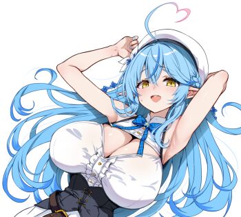 1girl ahoge alternate_breast_size_(larger) arm_behind_head armpits arms_up bare_shoulders beret black_corset blue_bow blue_bowtie blue_hair blue_nails blush bow bowtie breasts buttons cleavage cleavage_cutout clothing_cutout collared_shirt commentary_request corset crossed_bangs double-parted_bangs dutch_angle elf flower frilled_shirt frills gradient_hair hair_between_eyes hair_flower hair_ornament half_updo hat heart heart_ahoge hirowa_nagi hololive huge_breasts long_hair looking_at_viewer lying multicolored_hair on_back open_mouth pink_hair pointy_ears shirt simple_background sleeveless sleeveless_shirt smile solo streaked_hair sweat teeth transparent_background upper_body upper_teeth_only very_long_hair virtual_youtuber white_hat white_shirt yellow_eyes yukihana_lamy yukihana_lamy_(1st_costume)
