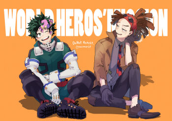 2boys bird black_footwear black_gloves bodysuit boku_no_hero_academia brown_hair english_text eyewear_on_head freckles gloves green_bodysuit green_hair highres knee_up maemaesp male_focus midoriya_izuku multiple_boys open_mouth orange_background patchwork_clothes rody_soul short_hair sitting sunglasses teeth twitter_username white_gloves