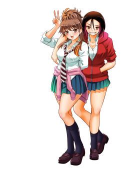 2girls :3 aqua_skirt arm_around_shoulder arm_behind_back black_hair black_socks breasts brown_eyes brown_hair brown_shoes cardigan cardigan_around_waist cleavage clothes_around_waist collared_shirt commentary_request diagonal-striped_clothes diagonal-striped_necktie full_body grin hand_in_pocket heel_up highres hood hoodie itachi_sakurako loafers long_hair looking_at_viewer medium_breasts multicolored_hair multiple_girls necktie nekomiya_moe open_mouth pink_cardigan pleated_skirt red_hair red_hoodie school_uniform sharp_teeth shirt shoes short_hair simple_background skirt smile socks sogabe_toshinori standing streaked_hair striped_clothes teeth v white_background white_shirt yankee_jk_kuzuhana-chan