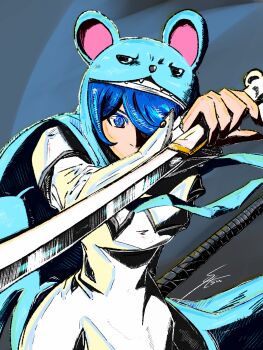 Rule 34 | 1girl, blue eyes, blue hair, breasts, cowboy shot, digimon, digimon (creature), dress, hair over one eye, highres, katana, nun, setsu (knint ), simple background, sistermon ciel, solo, sword, weapon, white dress