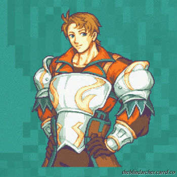 1boy boucheron_(fire_emblem) brown_hair closed_mouth fire_emblem fire_emblem_engage green_eyes green_trim grey_armor highres looking_at_viewer male_focus nintendo orange_shirt pixel_art shirt smile theblindarcher