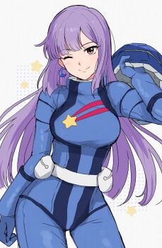1girl aeug belt blue_bodysuit bodysuit breasts closed_mouth commentary_request gundam gundam_zz helmet highres holding holding_unworn_helmet long_hair mecha_pilot_suit normal_suit_(gundam) ogura_(onigiritakusan) one_eye_closed print_bodysuit purple_hair roux_louka smile solo star_(symbol) star_print unworn_headwear unworn_helmet