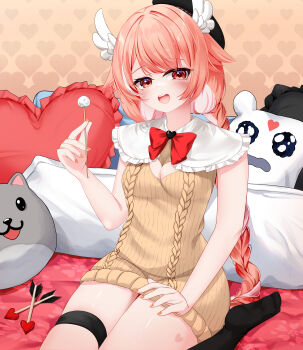 1girl :d absurdres arrow_(projectile) beret black_hat bow braid braided_twintails breasts cleavage cleavage_cutout clothing_cutout commentary_request feathered_wings frills hat head_wings heart heart-shaped_pillow heart_arrow highres holding light_blush long_hair looking_at_viewer loose_socks mimikaki nekodama2000 open_mouth orange_eyes orange_hair pillow pillowdear pillowdear_(1st_costume) red_bow sitting sleeveless sleeveless_sweater smile socks stuffed_animal stuffed_toy sweater virtual_youtuber wariza wings