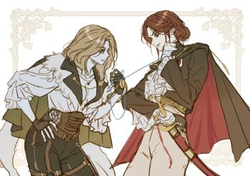 2girls ascot bags_under_eyes black_cape black_pants blonde_hair blue_skin border braid breasts cape colored_skin commentary_request crown_braid eye_contact gloves guragamja hand_on_own_hip highres inset_border korean_commentary large_breasts lea_florence_monad lies_of_p lies_of_p:_overture looking_at_another markiona_puppeteer_of_death multiple_girls ornate_border pants red_cape red_eyes red_hair sheath sheathed smile standing string sword two-sided_cape two-sided_fabric two-tone_cape wavy_hair weapon white_ascot white_background white_gloves white_pants