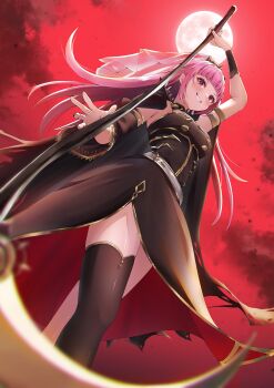 1girl absurdres black_cape black_dress black_thighhighs black_tiara cape dress full_moon grin hashtag-only_commentary highres holding holding_scythe hololive hololive_english kairono3jou long_hair moon mori_calliope mori_calliope_(1st_costume) night pink_eyes pink_hair red_sky scythe single_thighhigh sky smile solo spiked_cape teeth thighhighs tiara veil virtual_youtuber