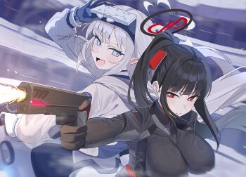 2girls battle black_hair blue_archive bodysuit breasts commentary_request gloves gun halo handgun highres himari_(armed)_(blue_archive) himari_(blue_archive) jacket kashio_(92984798) large_breasts long_hair motor_vehicle multiple_girls red_eyes rio_(armed)_(blue_archive) rio_(blue_archive) weapon white_hair