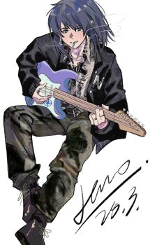 1girl absurdres artist_self-insert bang_dream! bang_dream!_it's_mygo!!!!! black_hair black_jacket blue_eyes brown_pants chinese_commentary cigarette commentary_request dated ear_piercing earrings electric_guitar grey_shirt guitar hero45439083942 highres instrument jacket jewelry medium_hair mole mole_under_eye mouth_hold mygo!!!!!_logo_(bang_dream!) original pants piercing playing_guitar playing_instrument shirt signature simple_background solo white_background