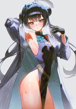 Rule 34 | 1girl, absurdres, black dress, black hair, blue archive, breasts, butterfly hair ornament, china dress, chinese clothes, commentary, domi (hongsung0819), double bun, dragon print, dress, grey background, grey eyes, grey halo, grey jacket, hair bun, hair ornament, halo, highres, jacket, kisaki (blue archive), long hair, looking at viewer, pelvic curtain, simple background, sleeveless, sleeveless dress, small breasts, striped clothes, striped jacket, sweat, thighs, twintails, vertical-striped clothes, vertical-striped jacket