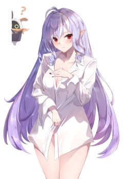 1girl ? ahoge black_nails blush breasts closed_mouth collarbone commentary cowboy_shot elphe eous_(zenless_zone_zero) fingernails highres large_breasts long_hair looking_at_viewer multicolored_hair nail_polish naked_shirt peeking_out pointy_ears purple_hair red_eyes shirt sidelocks solo streaked_hair symbol-only_commentary very_long_hair vivian_banshee white_shirt zenless_zone_zero