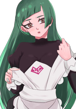 Rule 34 | 1girl, apron, black romper, blunt bangs, breasts, commentary request, ear piercing, green hair, hair down, highres, juliet sleeves, lebanne (pokemon), long hair, long sleeves, maid apron, medium breasts, nintendo, oishiosushiy, piercing, pink lips, pokemon, pokemon legends: z-a, puffy sleeves, romper, solo, tsurime, upper body