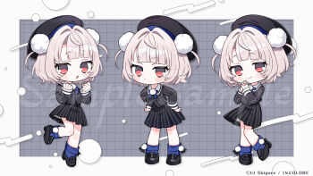 1girl :o beret black_hat black_jacket black_shoes black_skirt blue_socks blunt_bangs blush_stickers brown_hair chibi chibi_only clenched_hands closed_mouth commentary_request copyright_notice dot_nose full_body grid_background hair_ornament hands_on_own_hips hands_up hat highres jacket long_sleeves looking_at_viewer multiple_views official_art open_mouth own_hands_together parted_bangs pom_pom_(clothes) pom_pom_hair_ornament red_eyes sample_watermark shoes short_hair skirt smile socks standing standing_on_one_leg striped_clothes striped_jacket striped_skirt two_side_up uekura_eku ui_(voisona) vertical-striped_clothes vertical-striped_jacket vertical-striped_skirt voisona watermark