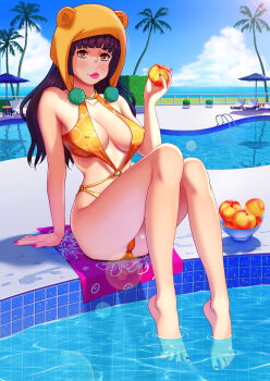 1girl absurdres arm_support barefoot bikini black_hair breasts brown_eyes cleavage cloud commentary day eating feet food fruit hat higashikata_daiya highres jojo_no_kimyou_na_bouken jojolion legendarysoulii long_hair looking_at_viewer medium_breasts nail_polish orange_hat outdoors palm_tree peach pink_lips pink_nails pool poolside romaji_commentary sitting sky soaking_feet solo swimsuit toenail_polish toenails towel tree water