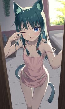 1girl animal_ear_fluff animal_ears apron bed bed_frame blunt_bangs blush breasts cat_ears cat_girl cat_tail chest_of_drawers cleavage collarbone eyebrows_hidden_by_hair hand_on_wall highres kusuriya_no_hitorigoto looking_at_viewer maomao_(kusuriya_no_hitorigoto) open_mouth pelvic_curtain pillow pink_apron profnote sky small_breasts solo standing tail tears thighs tongue tree white_sky window