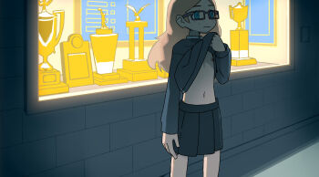 1girl arm_at_side backlighting blonde_hair blue_eyes closed_mouth clothes_lift display_case expressionless flat_chest freckles glasses grey-framed_eyewear highres hotelblue lifting_own_clothes loli long_sleeves madeline_(hotelblue) navel nipples original pleated_skirt shirt_lift skirt solo trophy