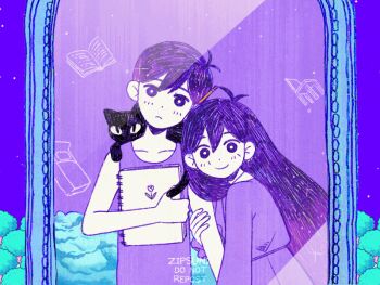 1boy 1girl alternate_costume alternate_hair_color alternate_universe animated animated_gif blush book bright_pupils cat closed_mouth collarbone holding holding_book long_hair long_sleeves looking_at_mirror looking_at_viewer mari_(headspace)_(omori) mari_(omori) mewo mirror omori pencil pencil_behind_ear purple_hair purple_tank_top short_hair sunny_(omori) tank_top white_pupils zipsunz