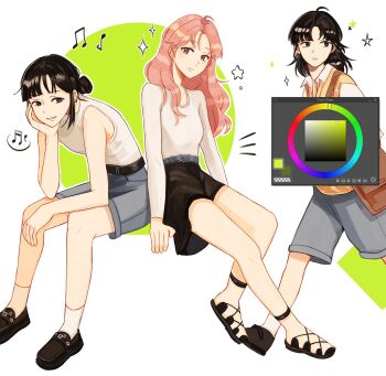 2girls art_program_in_frame bag bare_arms bare_shoulders beamed_eighth_notes beamed_sixteenth_notes black_eyes black_hair black_shoes black_skirt brown_bag brown_eyes clip_studio_paint closed_mouth color_wheel commentary denim denim_shorts ear_piercing earrings eighth_note elbow_rest english_commentary full_body grey_shorts hair_bun head_rest highres hoop_earrings jewelry kininatteru_hito_ga_otoko_ja_nakatta koga_mitsuki leaning_forward loafers long_hair long_sleeves looking_at_viewer medium_hair multiple_girls multiple_views musical_note oosawa_aya parted_lips piercing pink_hair qitsunne quarter_note shirt shirt_tucked_in shoes short_hair shorts shoulder_bag single_hair_bun sitting skirt smile socks sparkle star_(symbol) sweater_vest tank_top white_background white_shirt white_socks white_tank_top yellow_sweater_vest