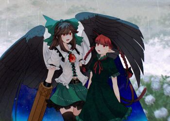 2girls absurdres arm_cannon bird_wings black_hair black_thighhighs black_wings blunt_bangs bow cape cat_tail commentary_request cosmos_0131 extra_ears flower green_bow green_shirt green_skirt hair_bow highres hydrangea kaenbyou_rin long_hair looking_at_another multiple_girls multiple_tails navel open_mouth outdoors pointy_ears rain red_eyes red_hair reiuji_utsuho shirt short_sleeves sidelocks skirt starry_sky_print tail thighhighs third_eye touhou two_tails weapon white_cape white_shirt wings