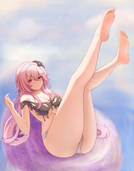 1girl absurdres barefoot black_lips breasts cleavage commentary_request evernight_(honkai:_star_rail) feet flower hair_flower hair_ornament highres honkai:_star_rail honkai_(series) large_breasts legs_up liquid_clothes long_hair looking_at_viewer march_7th_(honkai:_star_rail) panties pink_hair red_eyes smile soles solo striped_clothes striped_panties su_su_su thighs toes underwear