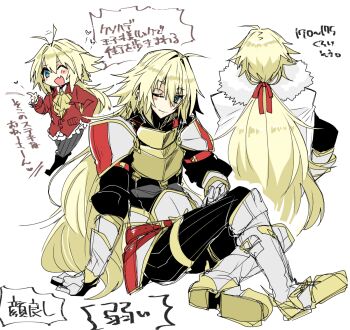 1boy ahoge alternate_color alternate_costume alternate_eye_color alternate_hair_color alternate_hairstyle androgynous armor ascot astolfo_(fate) blonde_hair blue_eyes blush boots breastplate chibi cloak deformed fate/apocrypha fate_(series) from_behind full_body fur-trimmed_cloak fur_trim gauntlet gauntlets gorget hair_intakes haoro male_focus multiple_views one_eye_closed red_cloak red_ribbon ribbon riding_boots shoulder_pads simple_background sitting smile solo trap two-tone_cloak white_background white_boots white_cloak wide_ponytail yellow_ascot