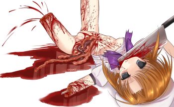 1girl beret blood bottomless bow bowtie brown_hair clothes_lift death disembowelment dress dress_lift empty_eyes entrails exposed_bone grey_eyes guro hat higurashi_no_naku_koro_ni lying medium_hair nata_(tool) niyemiiii on_back organs parted_lips pool_of_blood purple_bow ryuuguu_rena severed_arm severed_leg severed_limb short_sleeves simple_background slit_throat solo white_background white_dress white_hat
