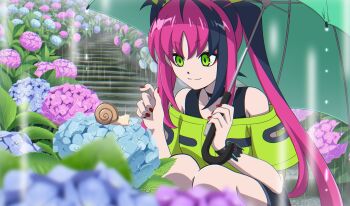 1girl anime_coloring antenna_hair bangle black_choker black_hair black_skirt black_tank_top bracelet choker closed_mouth flower green_eyes green_shirt highres holding holding_umbrella hydrangea jewelry long_hair multicolored_hair nail_polish off-shoulder_shirt off_shoulder outdoors pink_hair rain red_nails shadowverse shadowverse_(animated_series) shadowverse_flame shirt sinclair_hina_(shadowverse_flame) skirt snail snc_net18bk2 solo squatting stairs tank_top twintails umbrella