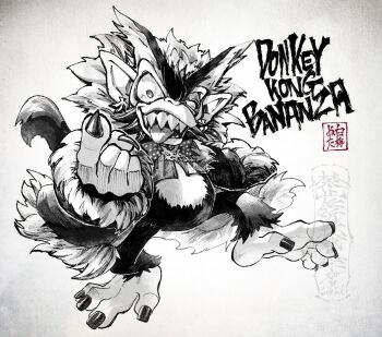 1boy coat copyright_name donkey_kong_(series) donkey_kong_bananza earrings facing_viewer full_body greyscale index_finger_raised jewelry kurotake_ihi looking_at_viewer monkey monochrome nintendo sharp_teeth sharp_toenails smile solo teeth toenails void_kong