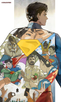 Rule 34 | absurdres, back, blue eyes, cape, chipmunk, closed eyes, commentary, dark-skinned female, dark skin, dc comics, english commentary, highres, lois lane, park ongjol, phone, short hair, squirrel, superhero costume, superman, superman (series), twitter username