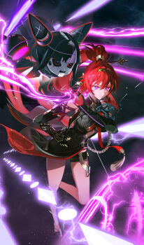 &gt;:) 1girl absurdres bare_shoulders black_dress black_gloves black_hairband black_shoes black_shorts black_vest breasts bright_pupils circle_facial_mark closed_mouth clothing_cutout commentary cropped_vest daymera double-parted_bangs dress elbow_gloves electricity electrokinesis facial_mark fake_claws full_body gloves gold_trim hair_between_eyes hair_ornament hair_stick hair_tubes hairband high_collar high_ponytail highres korean_commentary large_breasts linea_alba long_hair long_pointy_ears looking_at_viewer mandarin_collar mark_under_both_eyes metal_hair_tubes plunging_neckline pointy_ears ponytail purple_eyes red_hair see-through_clothes see-through_midriff shoes short_dress short_shorts shorts shorts_under_dress single_hair_tube skin_tight smile solo underboob_cutout v-shaped_eyebrows very_long_hair vest white_pupils wuthering_waves yinlin_(wuthering_waves) zapstring_(wuthering_waves)