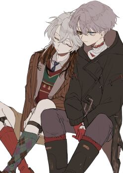 Rule 34 | 1boy, 1other, argyle clothes, argyle socks, asymmetrical legwear, black boots, black coat, black sclera, blue eyes, blue necktie, boots, brown hair, brown jacket, brown shorts, closed eyes, coat, colored sclera, colored tips, crossed legs, feet out of frame, gloves, green socks, green sweater, grey hair, grey pants, highres, jacket, karako (red-tea), leaning on person, legwear garter, looking at another, looking to the side, medicine pocket, medicine pocket (the cosmos photographer), medium hair, mismatched legwear, mismatched sclera, multicolored hair, necktie, official alternate costume, pants, red gloves, red socks, red sweater, reverse:1999, shirt, short hair, shorts, side-by-side, sleeping, socks, sweater, two-tone sweater, white background, white shirt, x (breathing in silence) (reverse:1999), x (reverse:1999), yellow eyes