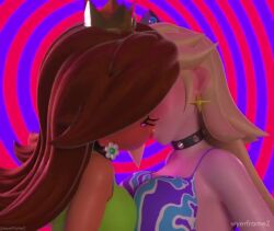 2girls @_@ animated blonde_hair breast_press breasts brown_hair choker cross cross_earrings earrings holding_hands hypnosis interlocked_fingers jewelry kiss large_breasts mario_(series) medium_breasts medium_hair mind_control multiple_girls nintendo princess princess_daisy rosalina saliva saliva_trail sound spiked_choker spikes tagme video wyerframez yuri