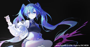1girl black_background black_shorts blue_eyes blue_hair breasts commentary_request company_name crop_top dna double_helix hair_between_eyes hair_ornament hatsune_miku highres jacket jewelry long_hair looking_at_viewer medium_breasts midriff multiple_rings navel open_clothes open_jacket project_01:_time-loop ring shirt short_shorts shorts simple_background sleeveless sleeveless_shirt solo soyoong_jun stomach timeloop_miku twintails very_long_hair vocaloid white_jacket
