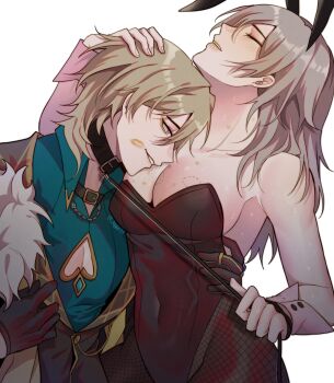 1boy 1girl absurdres alternate_costume animal_ears artist_name assertive_female aventurine_(honkai:_star_rail) bare_shoulders bite_mark black_collar black_jacket black_leotard black_vest blonde_hair blue_eyes blue_shirt breasts brown_pantyhose buttons closed_eyes clothing_cutout collar collarbone collared_shirt fake_animal_ears fingernails fishnet_pantyhose fishnets fur-trimmed_jacket fur_trim gem green_gem grey_hair hair_between_eyes half-closed_eyes hand_on_another's_head hand_up hands_up heart_cutout hetero highres holding holding_leash honkai:_star_rail honkai_(series) jacket lapels large_breasts leash leotard lipstick_mark long_hair looking_at_another multicolored_eyes open_clothes open_jacket pantyhose playboy_bunny purple_eyes puyurin rabbit_ears shirt short_hair simple_background smile stelle_(honkai:_star_rail) strapless strapless_leotard teeth trailblazer_(honkai:_star_rail) upper_body vest white_background wrist_cuffs