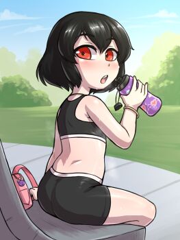1girl absurdres ass backpack bag bench bike_shorts black_bike_shorts black_hair black_sports_bra blush bottle bracelet breath bush charm_(object) choker cloud from_behind grass heart highres holding holding_bottle jewelry loli looking_at_viewer looking_back mountain open_mouth original red_eyes short_hair sitting sky sports_bra star_(symbol) sweat teeth unworn_backpack unworn_bag vermelhatan water_bottle