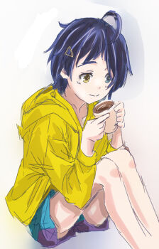 1girl bare_legs blue_eyes blue_hair closed_mouth cup dot_nose feet_out_of_frame female_focus happy heterochromia holding holding_cup hood hood_down hooded_jacket jacket looking_ahead lowres ooto_ai raised_eyebrows shirufue short_hair short_shorts shorts simple_background sketch smile solo tareme white_background wonder_egg_priority yellow_eyes yellow_jacket
