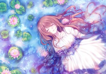 1girl afloat artist_name breasts brown_hair closed_eyes commentary dress english_commentary facebook_logo facebook_username falling_petals flower highres instagram_logo instagram_username jewelry light_blush lotus lotus_leaf making-of_available medium_breasts necklace original painttool_sai_(medium) parted_lips partially_submerged petals pink_petals pluvias puffy_short_sleeves puffy_sleeves short_sleeves twitter_logo twitter_username water watermark white_dress youtube_logo youtube_username