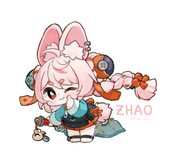 1girl :3 animal_ear_fluff animal_ear_piercing animal_ears animal_feet anklet blush braid braided_twintails bright_pupils character_name charm_(object) chibi chibi_only chinese_clothes closed_mouth commentary finger_to_cheek full_body furry furry_female green_shirt holding holding_sword holding_weapon hue_oo jewelry leaning_forward long_hair looking_at_viewer one_eye_closed pink_fur pink_hair pink_tail rabbit_ears rabbit_girl rabbit_tail red_eyes screw shirt short_eyebrows simple_background solo sword tail thick_eyebrows twitter_username weapon white_background white_pupils zenless_zone_zero zhao_(zenless_zone_zero)
