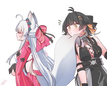 2girls ahoge animal_ear_fluff animal_ears bare_shoulders black_dress black_gloves bow breasts carlotta_(wuthering_waves) closed_eyes closed_mouth commentary_request cross-laced_clothes cross-laced_dress crossed_arms dress earrings female_rover_(wuthering_waves) fox_ears fox_girl fox_tail gloves grey_hair hair_bow hair_ornament hair_ribbon hairband hairclip jacket jewelry kemonomimi_mode long_hair looking_at_another medium_breasts multiple_girls notice_lines parallel_hairclips pink_bow pink_hairband pink_jacket ribbon rover_(wuthering_waves) signature sleeveless sleeveless_dress smile starblame striped_bow tail triangle_earrings wuthering_waves yellow_eyes yellow_ribbon