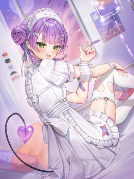 1girl :d absurdres alternate_costume apron bandaged_wrist bandages barbell_piercing bed blunt_bangs blurry blurry_background braid braided_bun commentary_request demon_girl demon_tail double_bun dress ear_piercing fang frilled_apron frilled_dress frills garter_straps gradient_hair green_eyes hair_bun hair_ornament hairclip highres holding holding_syringe hololive hospital_bed indoors industrial_piercing intravenous_drip knee_up looking_at_viewer low_twin_braids medium_hair multicolored_hair on_bed open_mouth parallel_hairclips piercing pink_hair pleated_dress pointy_ears puffy_short_sleeves puffy_sleeves purple_hair runlan_0329 short_dress short_sleeves single_wrist_cuff sitting skin_fang smile solo spiked_ear_piercing syringe tail tail_under_clothes thighhighs tokoyami_towa twin_braids virtual_youtuber white_apron white_dress white_thighhighs wrist_cuffs