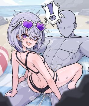 ! 1boy 1girl beach bikini black_bikini blue_sky cowgirl_position cum cum_in_pussy flat_chest girl_on_top hair_flaps heart heart-shaped_pupils highres hololive hololive_english jewel_under_eye koseki_bijou loli looking_at_viewer looking_back moral_cacoethes muscular muscular_male nude ocean open_mouth outdoors pebble_(koseki_bijou) purple_eyes purple_hair saliva sex short_hair sky speech_bubble spoken_exclamation_mark straddling sunglasses sunglasses_on_head sweat swimsuit symbol-shaped_pupils tears trembling vaginal virtual_youtuber water