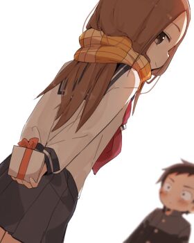 Rule 34 | 1boy, 1girl, black hair, blurry, blurry background, blush, brown eyes, brown hair, closed mouth, commentary request, from below, gift, highres, karakai jouzu no takagi-san, long hair, long sleeves, looking at viewer, looking to the side, neckerchief, nishikata, sailor collar, sayaaaaaa 11, scarf, school uniform, serafuku, shirt, short hair, simple background, smile, smug, takagi-san, white background, white shirt