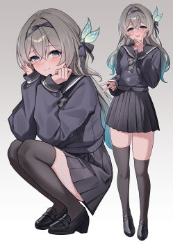 Rule 34 | 1girl, alternate color, aqua hair, asymmetrical legwear, black bow, black hairband, black sailor collar, black serafuku, black shirt, black shoes, black skirt, black thighhighs, blue eyes, blush, bow, breasts, buttons, closed mouth, commentary, double-breasted, english commentary, firefly (honkai: star rail), firefly (spring missive) (honkai: star rail), gradient background, gradient hair, grey background, grey hair, hair between eyes, hair bow, hairband, hands up, highres, honkai: star rail, honkai (series), long sleeves, looking at viewer, lunacle, medium breasts, multicolored eyes, multicolored hair, multiple views, open mouth, orange eyes, paid reward available, sailor collar, school uniform, serafuku, shirt, shoes, simple background, skirt, smile, socks, thighhighs, thighs, two-tone eyes, uneven legwear, v, zettai ryouiki
