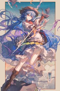 1girl absurdres blue_hair blue_skirt blush boots bow bowtie brown_boots character_name closed_mouth cloud commentary_request floating food frilled_skirt frills fruit full_body geokinesis hair_between_eyes hat hat_ornament highres hinanawi_tenshi holding holding_weapon inset_border knee_boots lace-up_boots leaf leaf_hat_ornament leg_up long_bangs long_hair looking_at_viewer maccha_(mochancc) mountain peach peach_hat_ornament red_bow red_bowtie red_eyes shirt skirt sky smile solo standing standing_on_one_leg sword_of_hisou touhou very_long_hair wavy_hair weapon white_shirt
