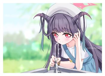 1girl adjusting_hair beret black_hair black_horns blue_archive blue_dress blurry blurry_background blush border closed_mouth commentary cowboy_shot day demon_girl demon_horns dress fuuka_(blue_archive) fuuka_(casual)_(blue_archive) hair_down hair_on_horn halo hand_up hat heart_pendant horns leaning_forward long_hair looking_at_viewer official_alternate_costume official_alternate_hairstyle outdoors pinafore_dress pink_halo red_eyes retumihari shirt short_sleeves sleeveless sleeveless_dress smile solo split_mouth straight_hair very_long_hair watch water white_border white_hat white_shirt wristwatch