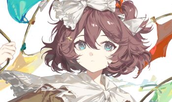 Rule 34 | 1girl, blue eyes, bow, brown hair, cape, closed mouth, clothesline, commentary request, flutterpage, hair bow, hand up, highres, holding, holding rope, korean commentary, looking at viewer, pelly.k, portrait, reverse:1999, rope, short hair, solo, white background, white bow, white cape